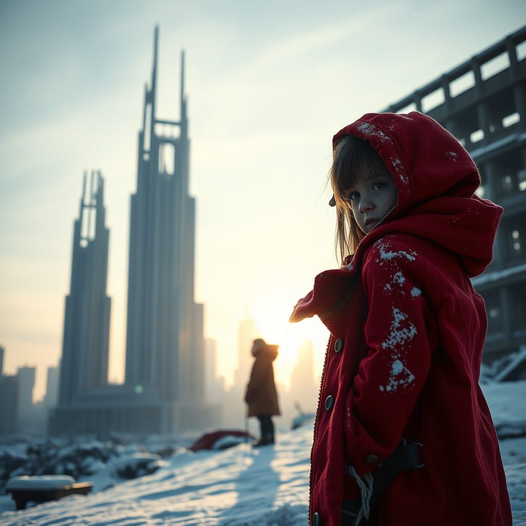 Young Girl in Red Coat Stands Amidst Snowy Ruins