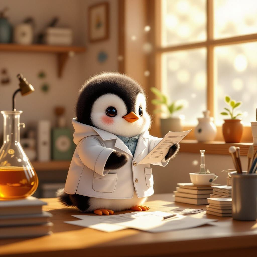 Penguin Scientist in Cozy Lab, Inspired by Beatrix Potter