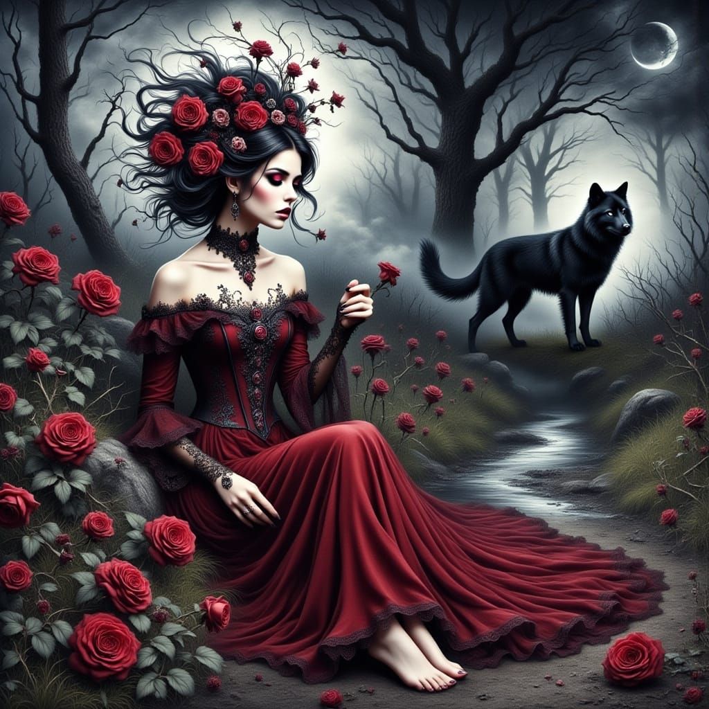 Dark Fantasy Woman in Misty Forest with Wolf