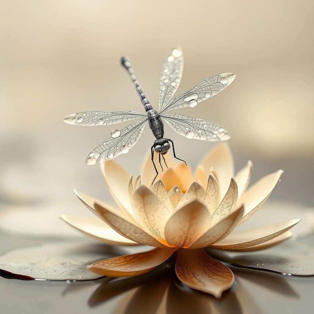 Dewdrop Dragonfly on Water Lily in Origami Style