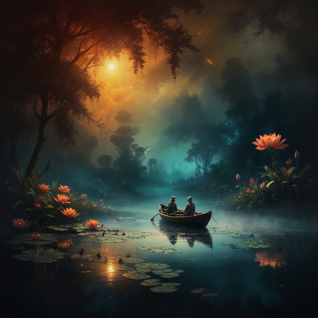 Ethereal Boat Scene in a Misty Australian Night