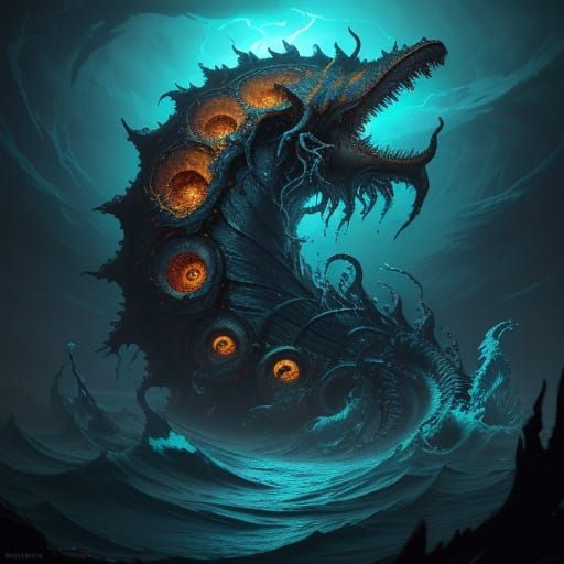 Surreal Aquatic Horror in Vibrant, Electric Blue