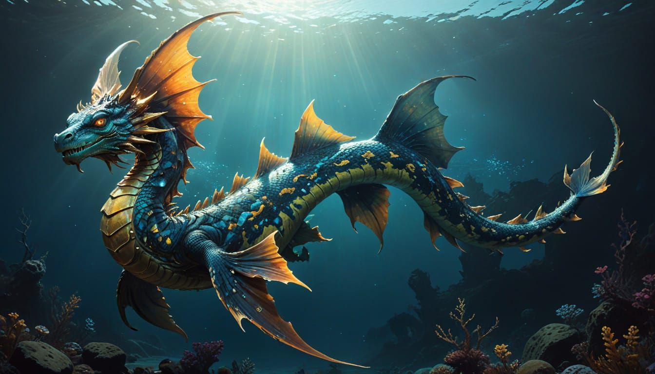 Majestic Amphiptere Serpent-Like Water Creature in Golden Oc...