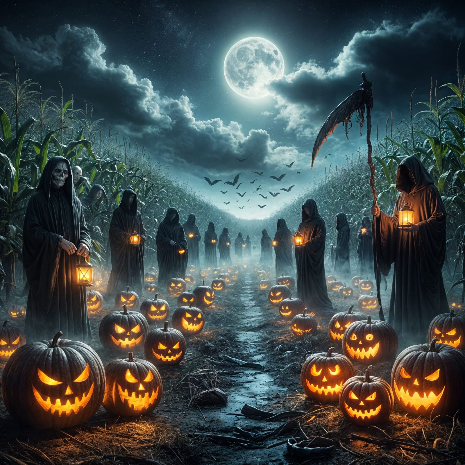 Haunting Cornfield at Night with Jack-o'-Lanterns and Grim R...