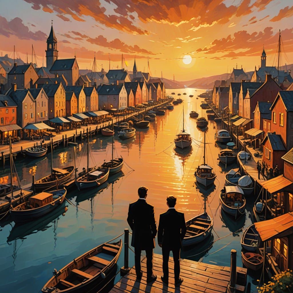 Aerial Fantasy Harbor at Sunset: Oil Painting