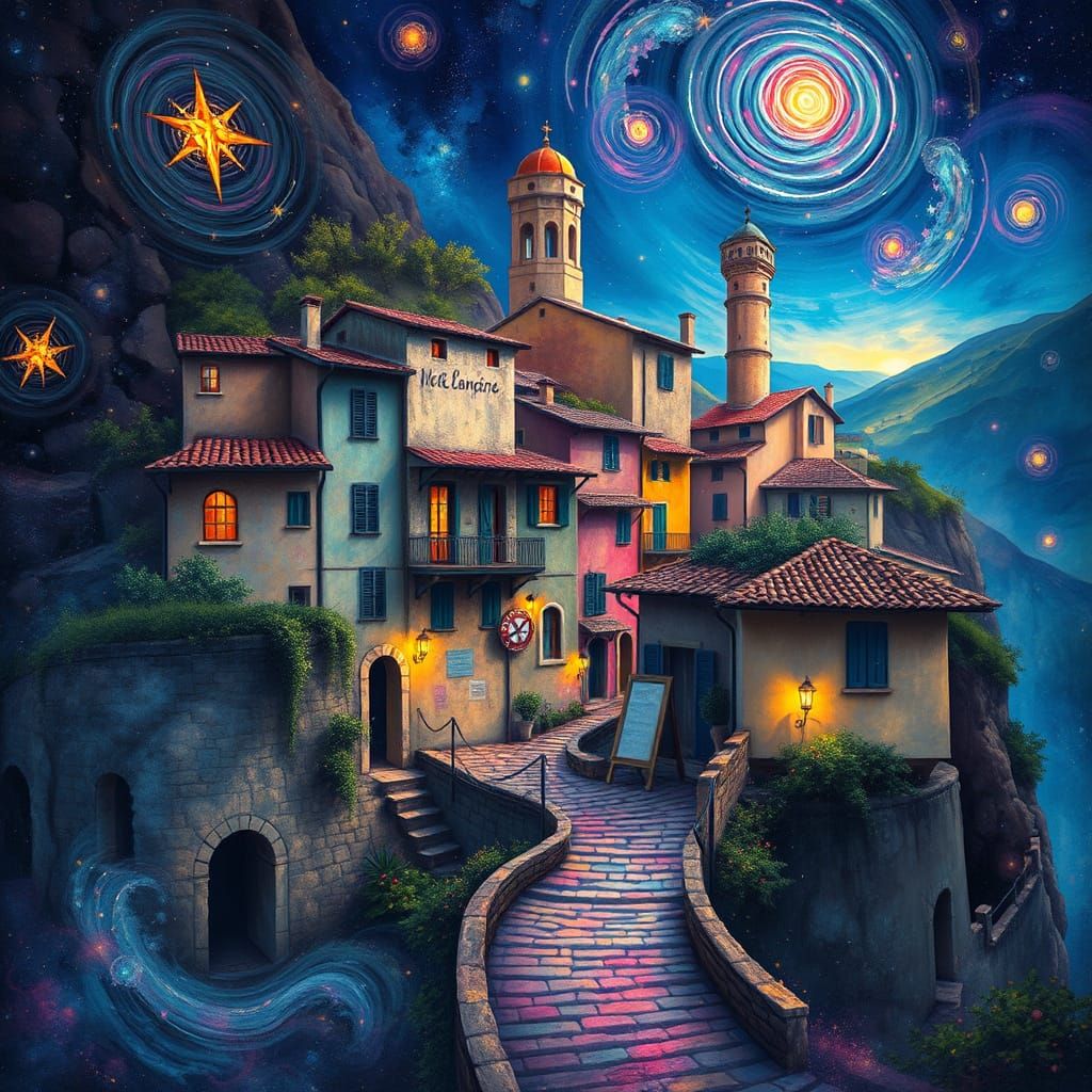 Cosmic Dream Italian Village Amidst Swirling Galaxies