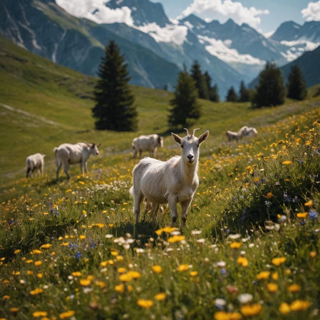 Goats Grazing in Swiss Alps Wildflower Pasture