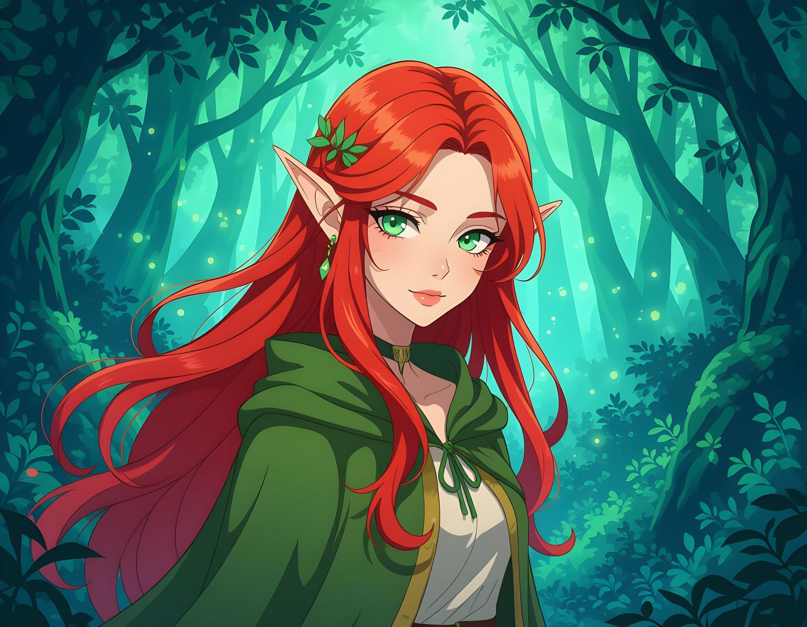 Anime Elf with Red Hair and Green Eyes in Woods