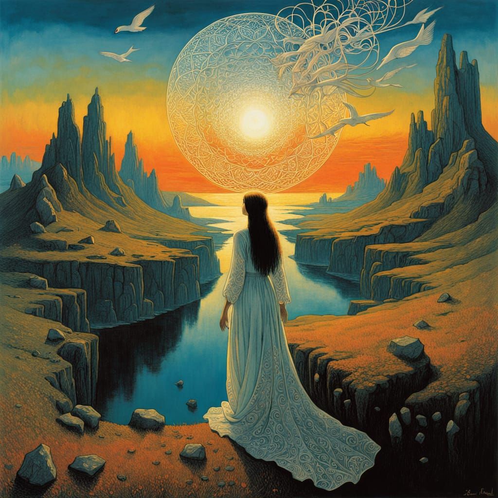 Ethereal Goddess Amidst Whirling Sunset, Shards of Mirror