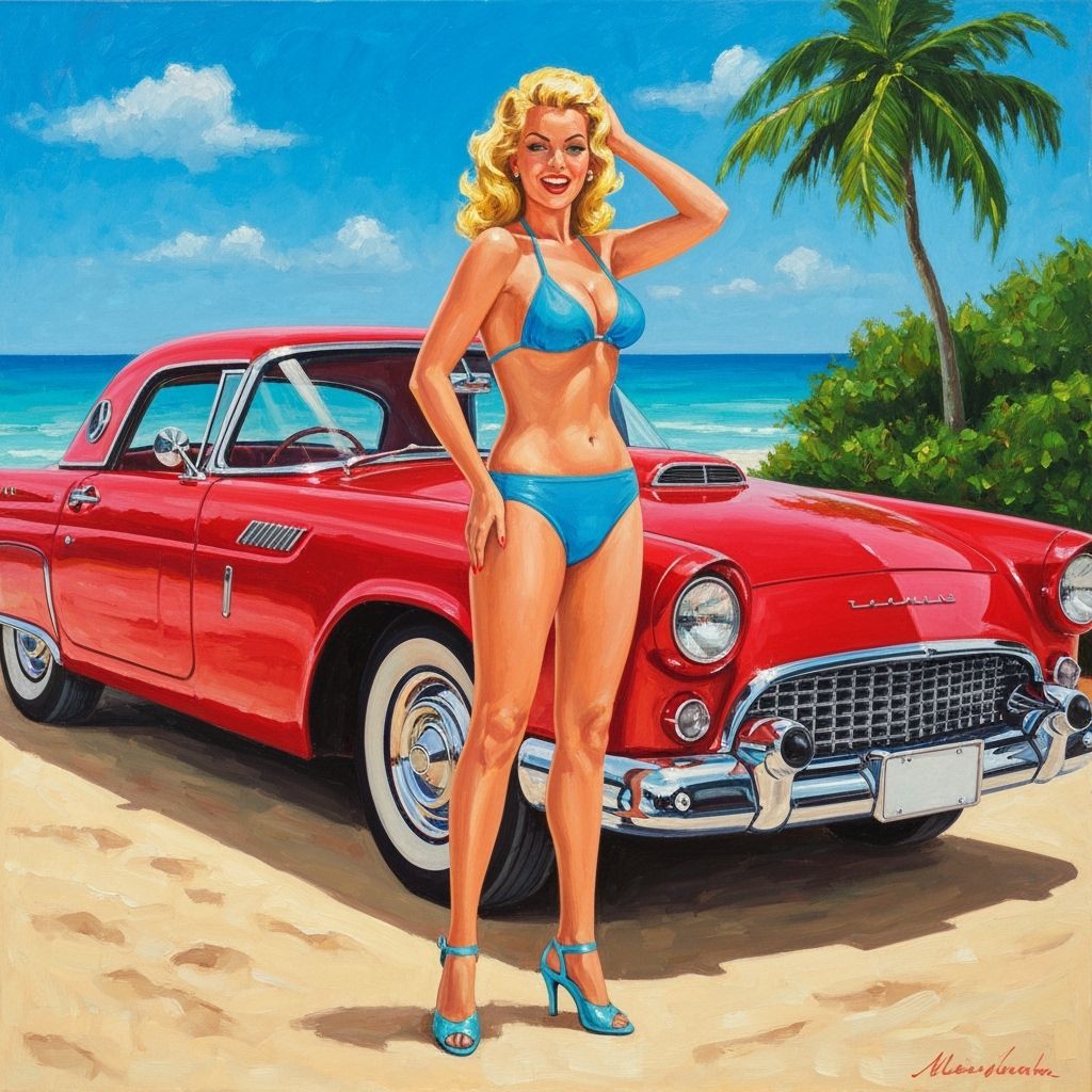 Pin-Up Girl and Classic Car on a Tropical Beach