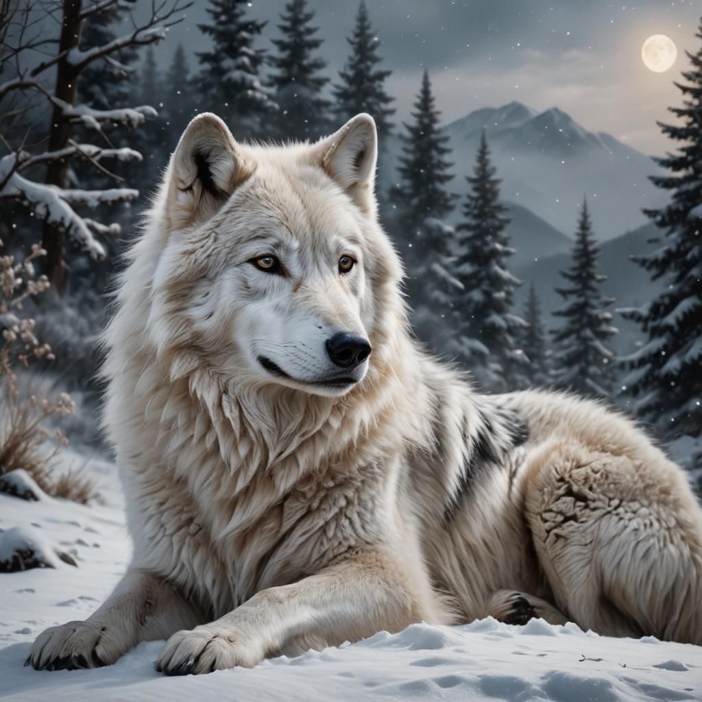 Majestic White Wolf in Winter Landscape as Dutch Painting