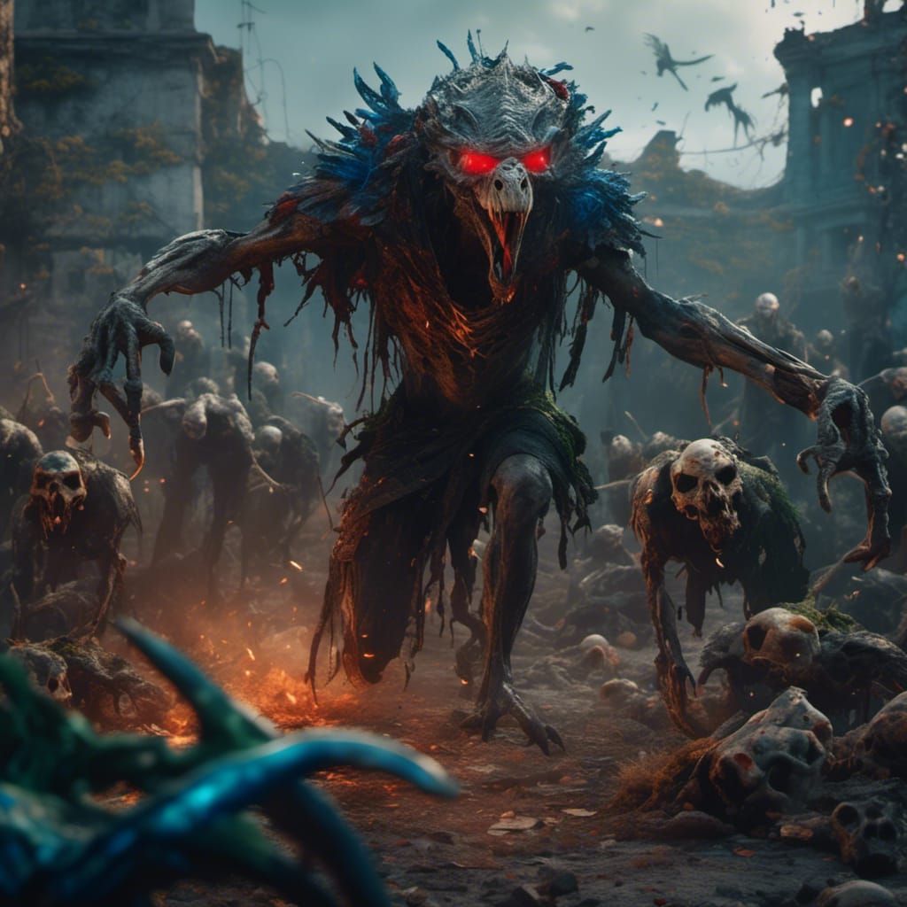 Zombie Aarakocra in Cemetery with Bone Sickles