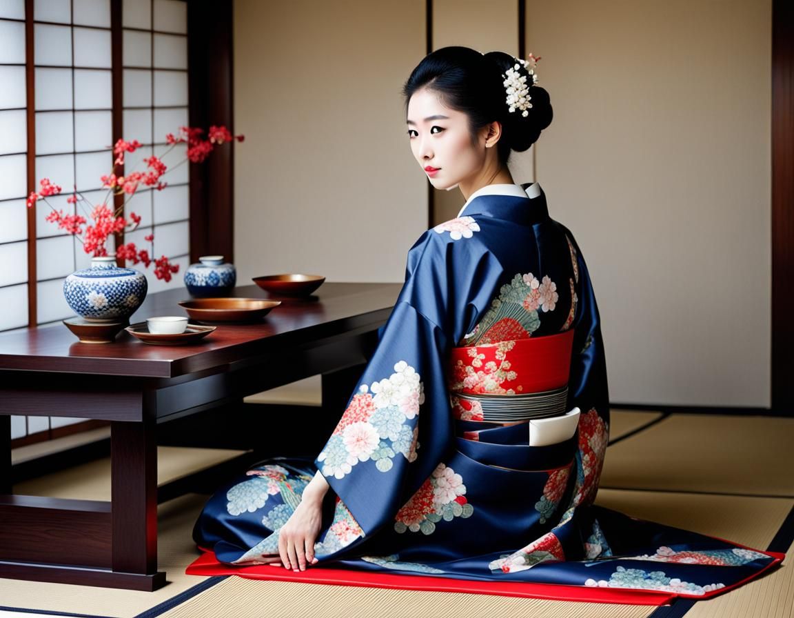 Japanese Woman in Kimono at Low Table