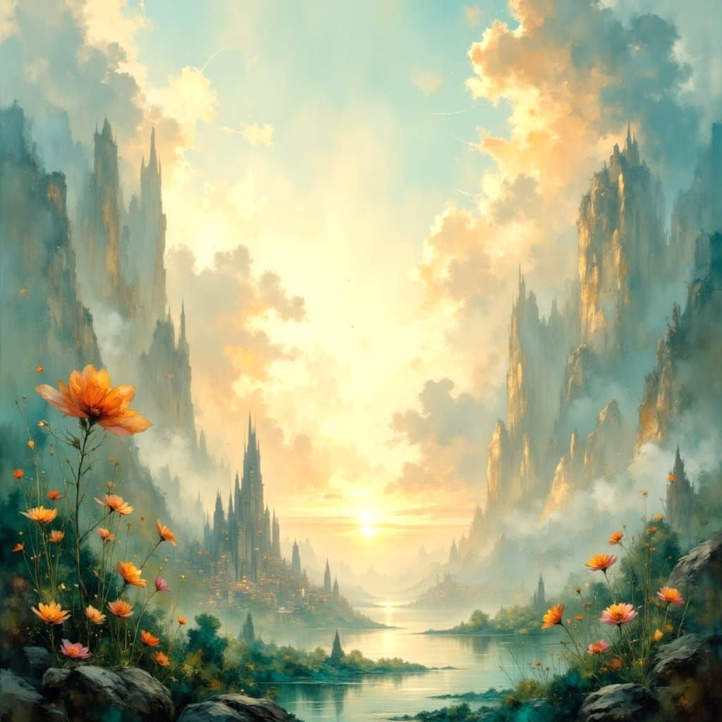 Illuminated Fantasy Landscape in Soft Romantic Style