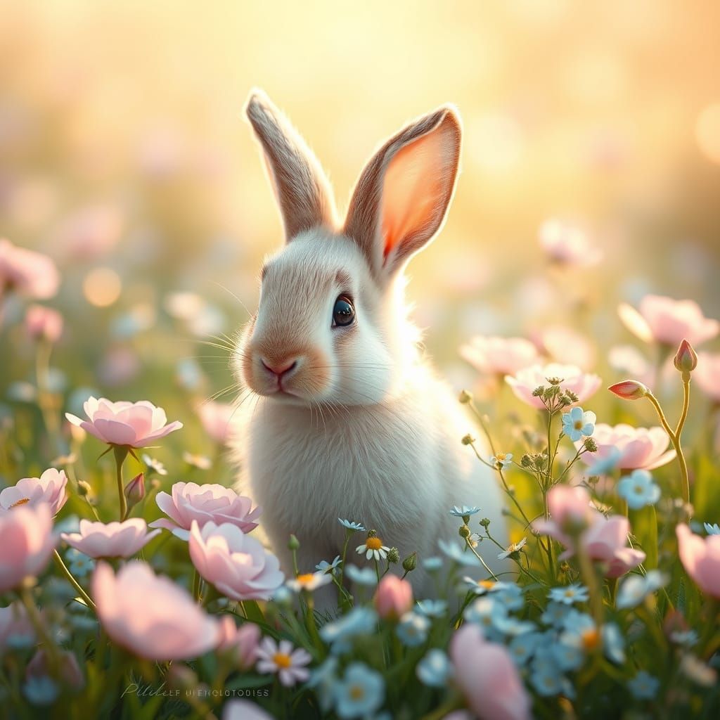 Whimsical Rabbit in a Vibrant Floral Wonderland