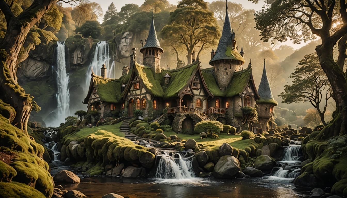 Enchanted Elven Cottages Beside Waterfall, Fantasy Architect...