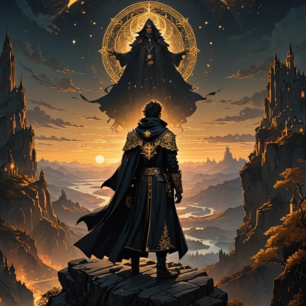 Fantasy Mage at Sunset in Art Nouveau Style