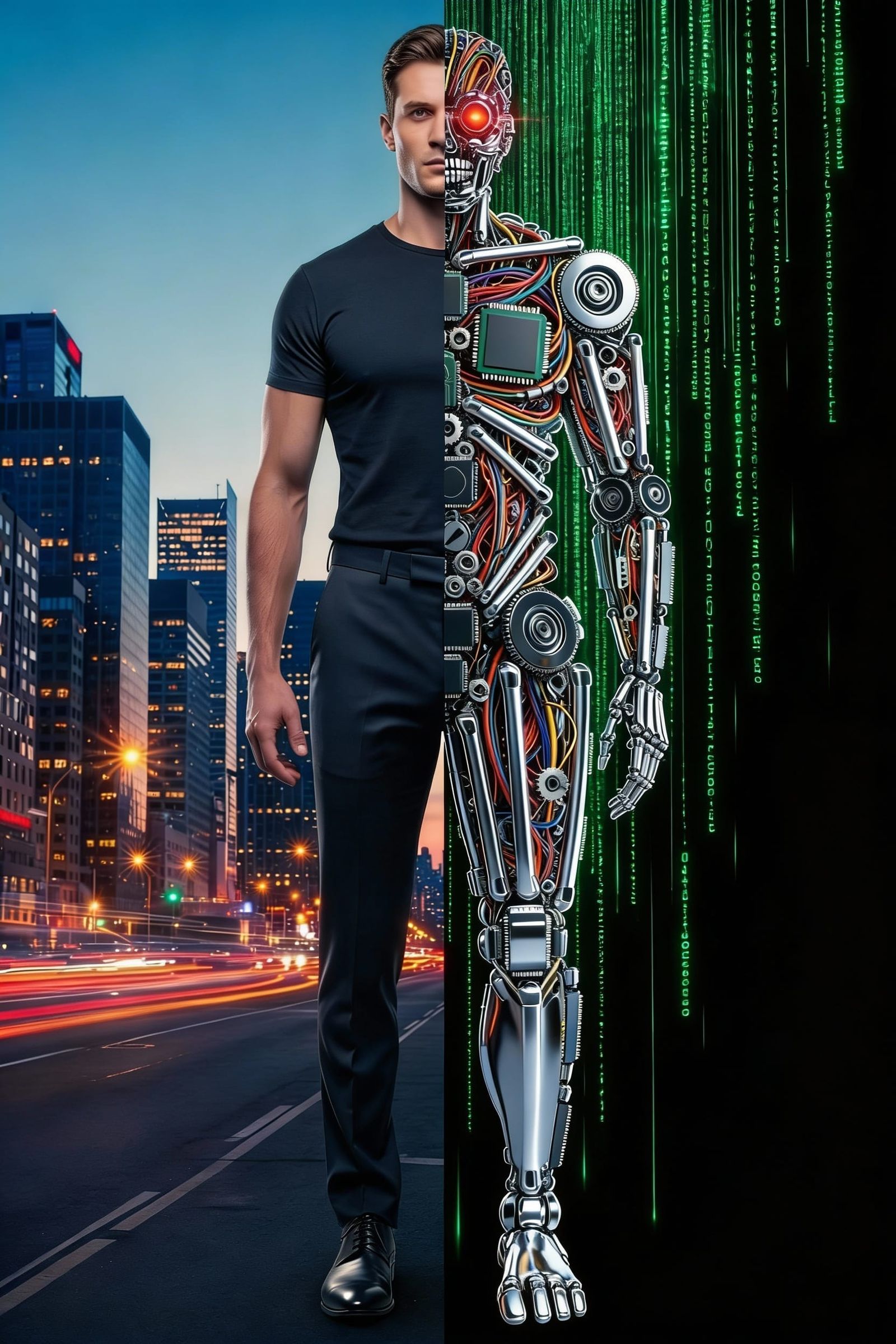 Man Split Between Reality and Machine