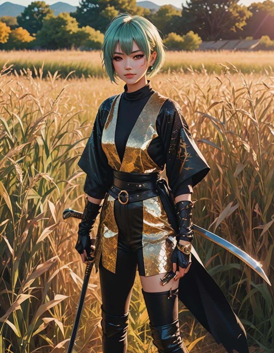 Anime Girl with Scythe in Summer Field