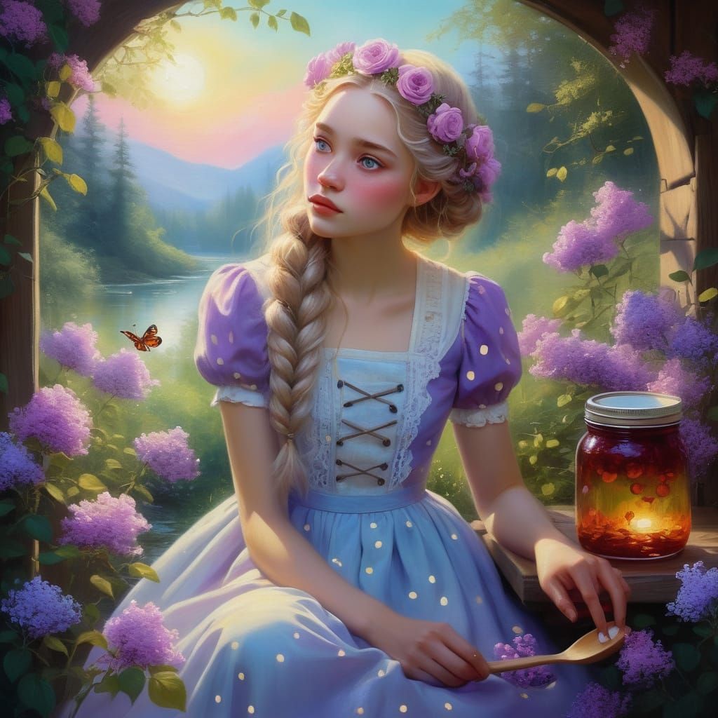 Illustration of a Girl in Whimsical Fairy-Tale Environment