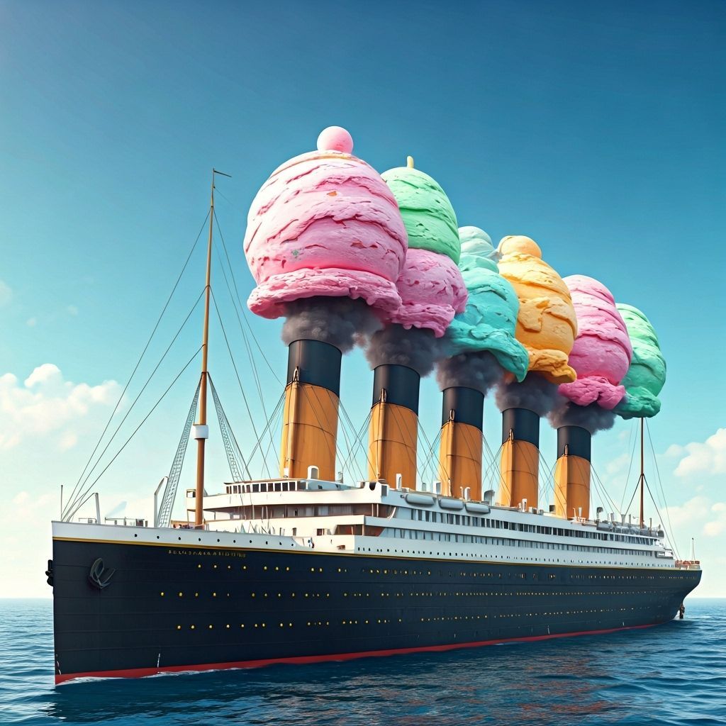 Titanic with Ice Cream Stacks in 3D Anime Style