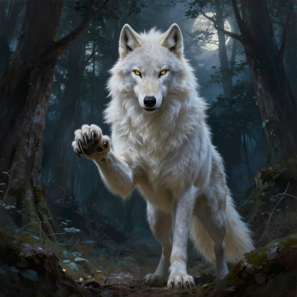 White Werewolf Offers Paw in Moonlit Forest Digital Painting