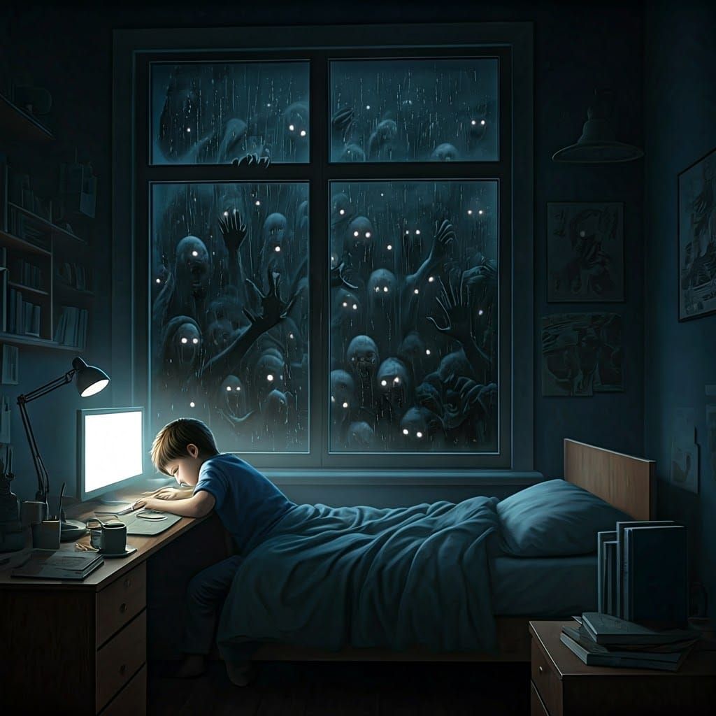 Vulnerable Boy Confronts Ghostly Figures in Dimly Lit Bedroo...