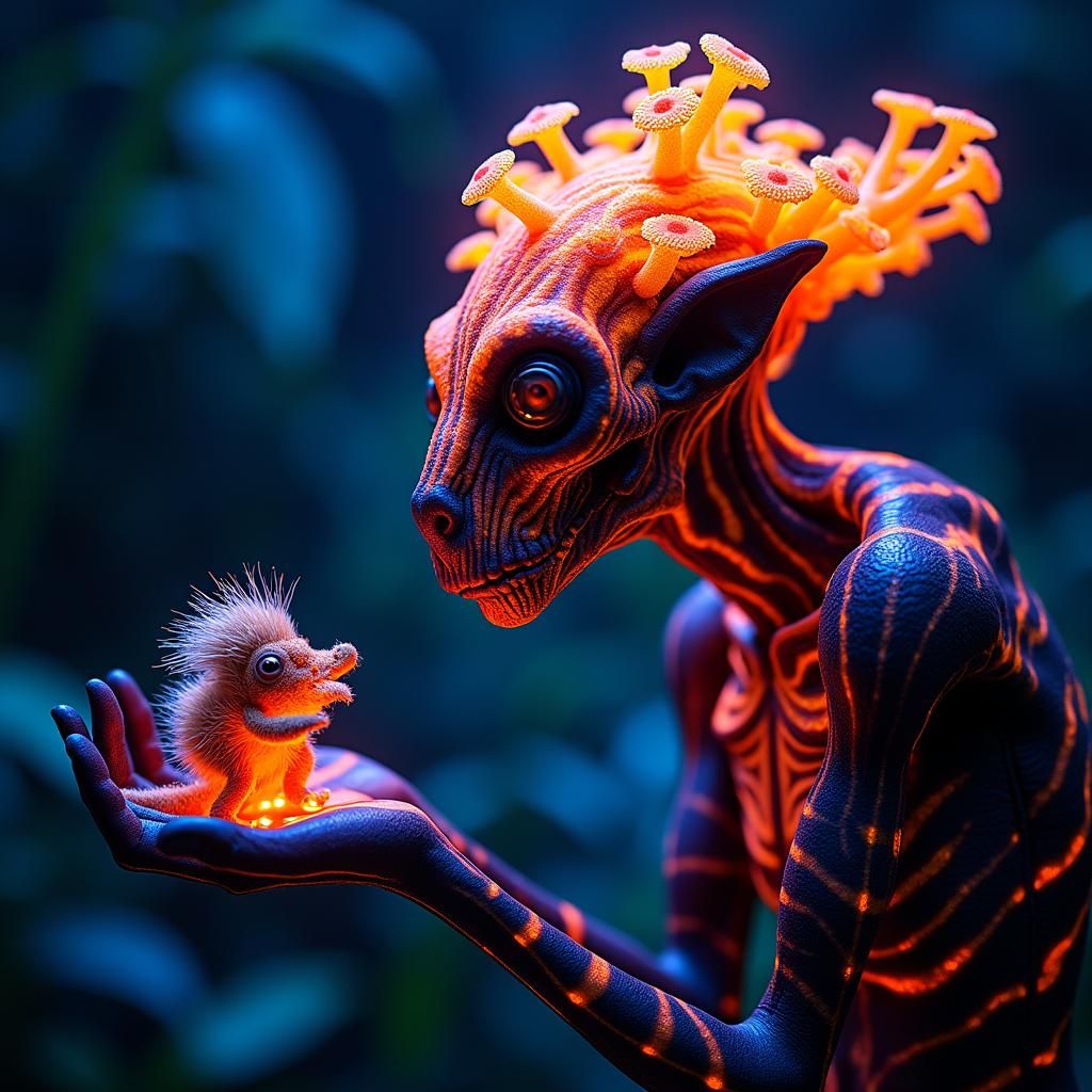 Bioluminescent Alien Jungle Encounter in Hyperrealism