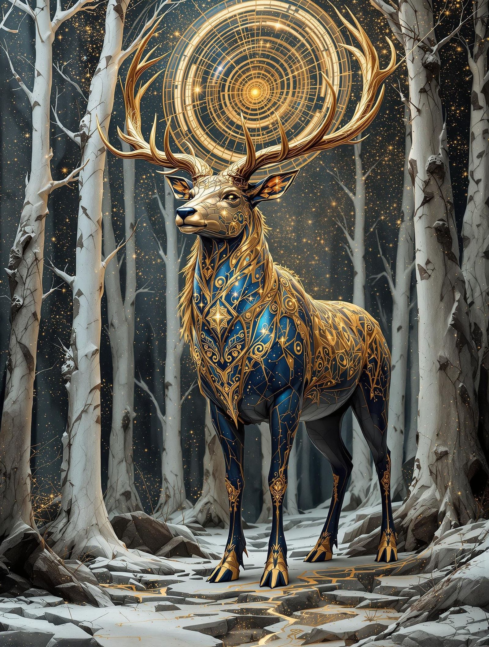 Bronze Stag Amidst Marble Forest in Copper-Inspired Digital ...