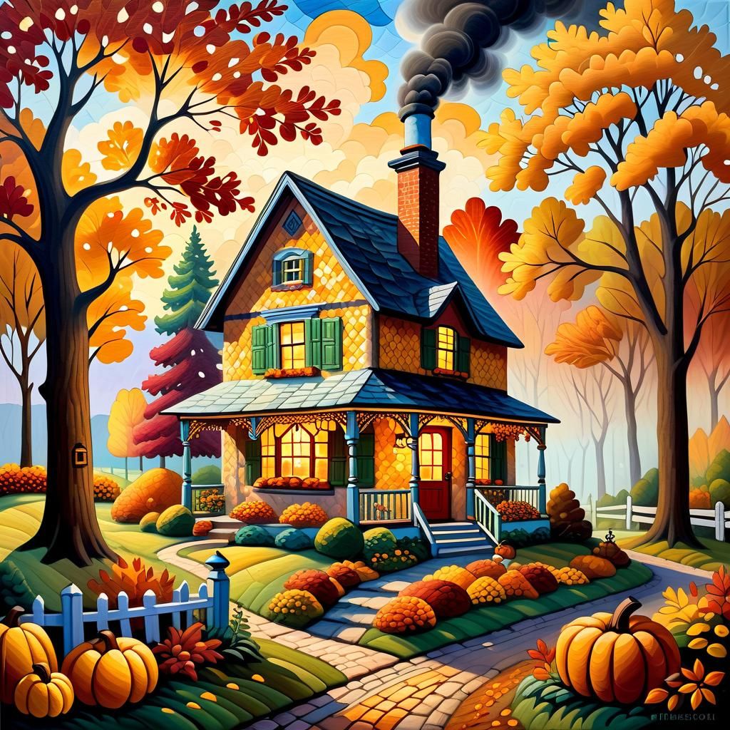 Quilted Autumn Cottage in Naive Folk Art Style
