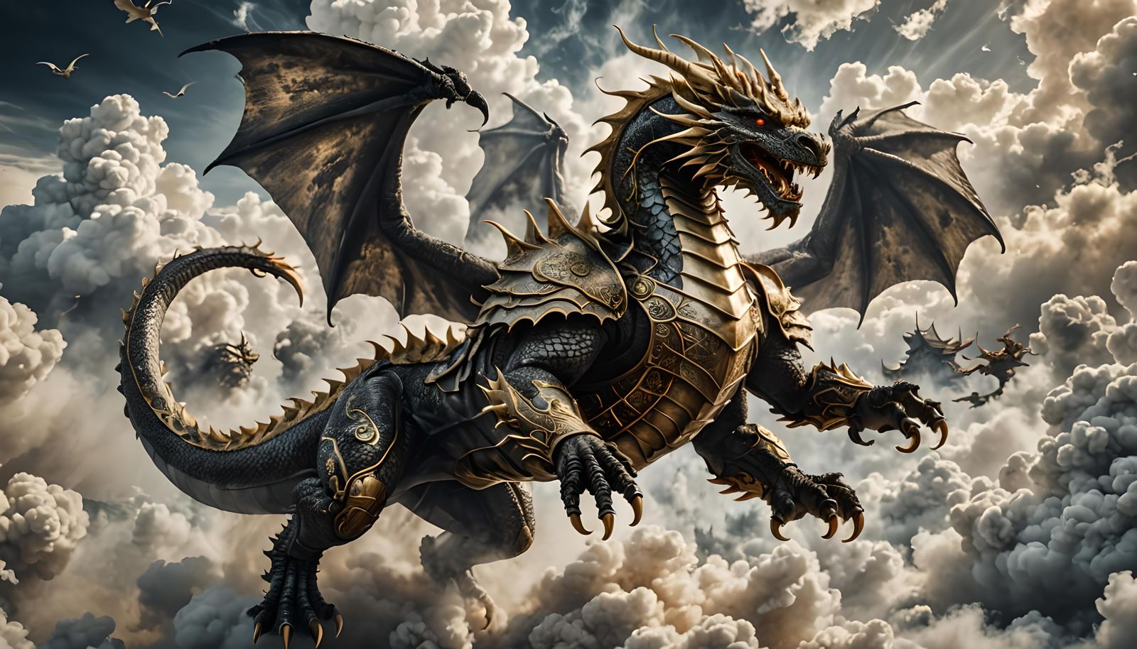 Armored Smoke Dragon Flying Through Clouds