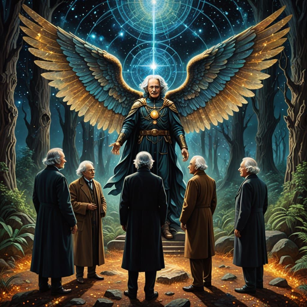 Intellectuals and Archangel Discussing Cosmic Mysteries