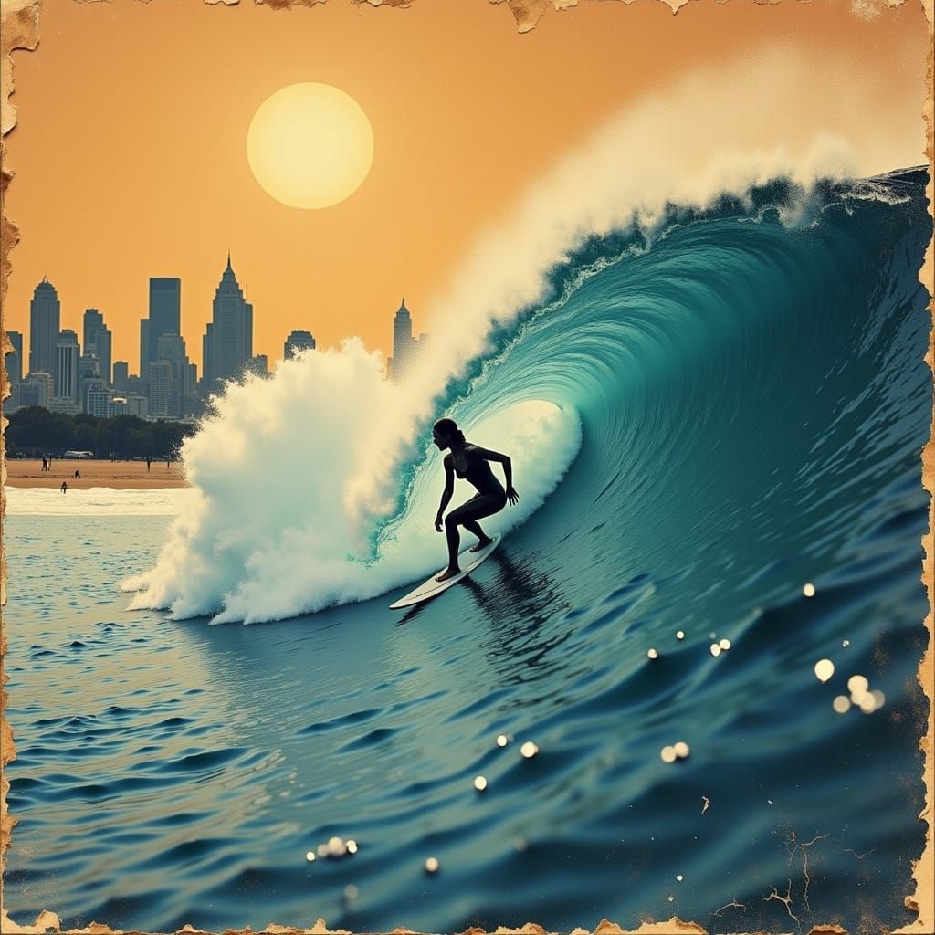 Surfer Rides Wave at Sunset: Textured Collage Art