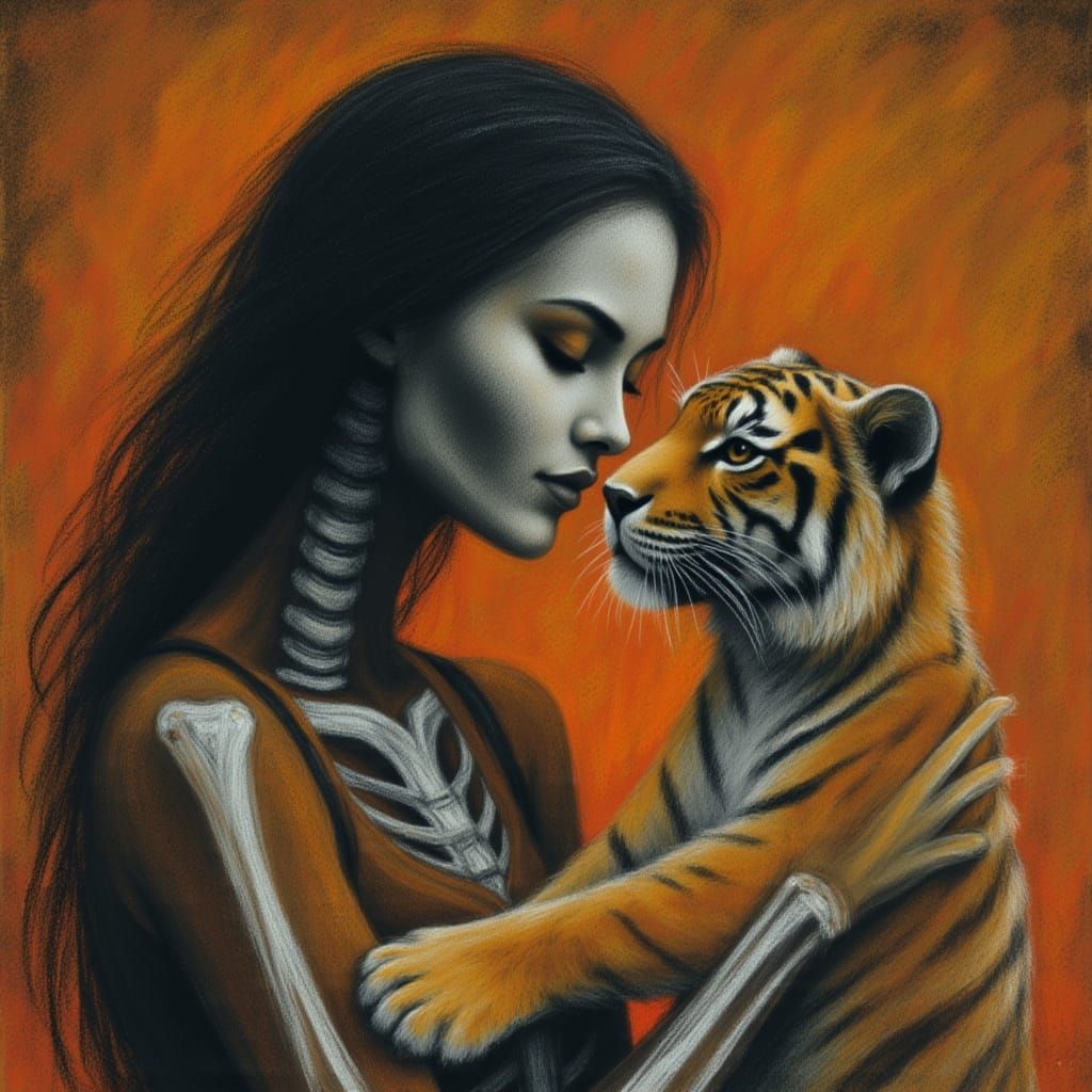 Wholesome Indian Skeleton Woman Hugs Tiger Cub