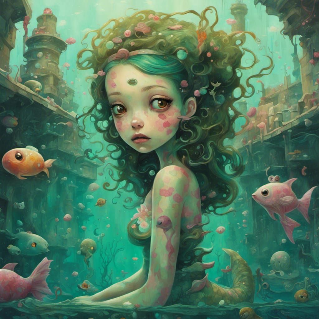 Surreal Mermaid in Abandoned Atlantis