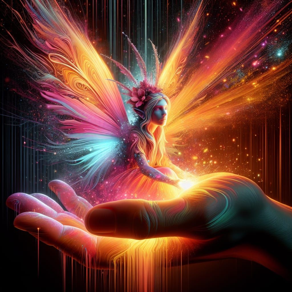 Vibrant Fairy in Hand, Illuminated in Splash Art Style