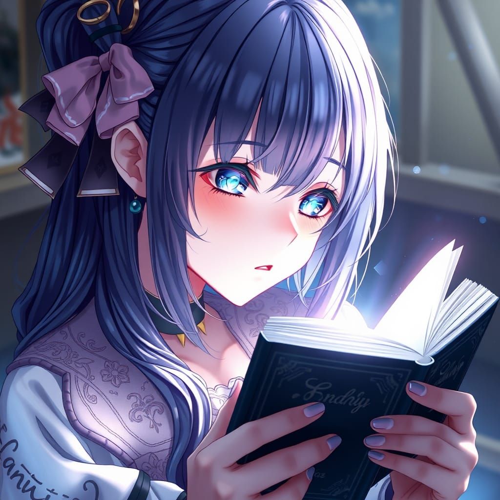 Anime Girl with Blue Hair Reading Book