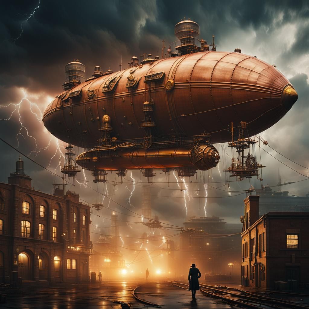Steampunk Zeppelin Struck by Lightning: Cinematic Still