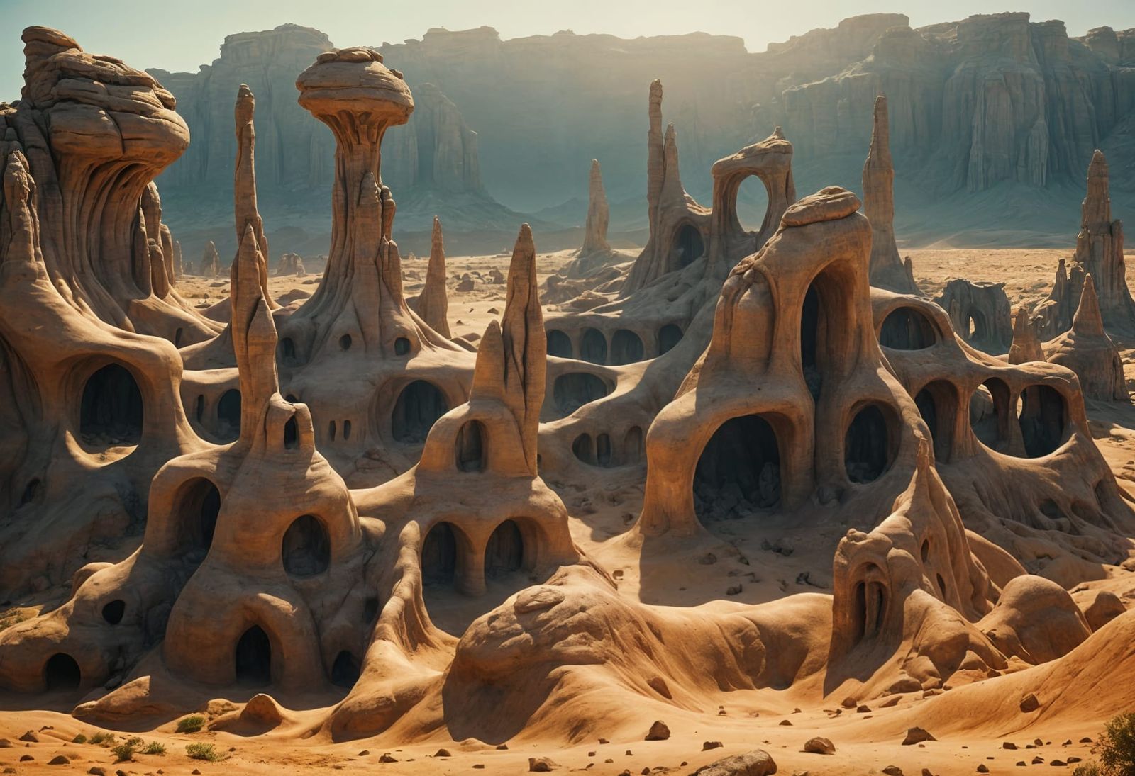 Ancient Sandstone City in Surreal Desert Landscape
