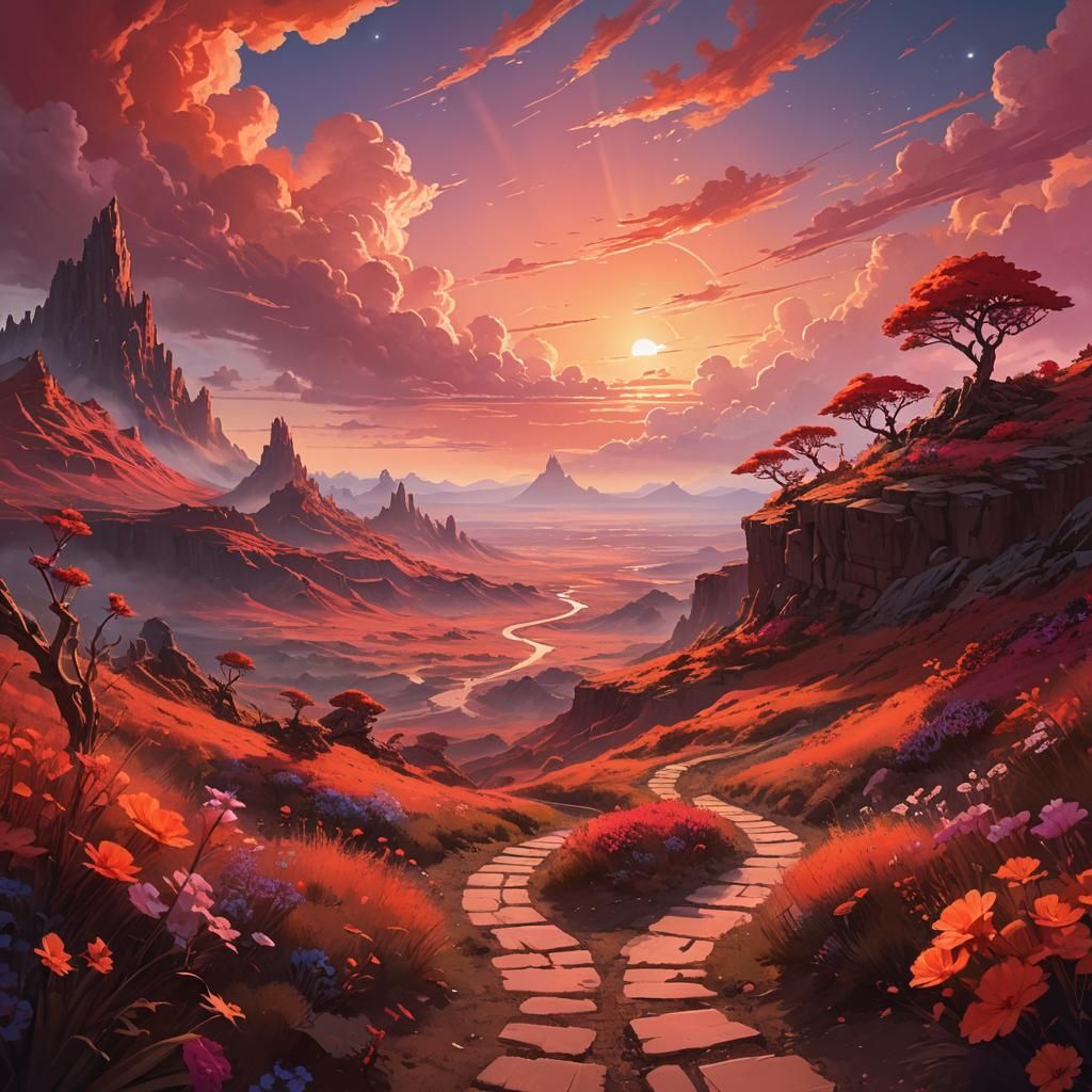 Hypnotic Sunset Over an Alien Landscape