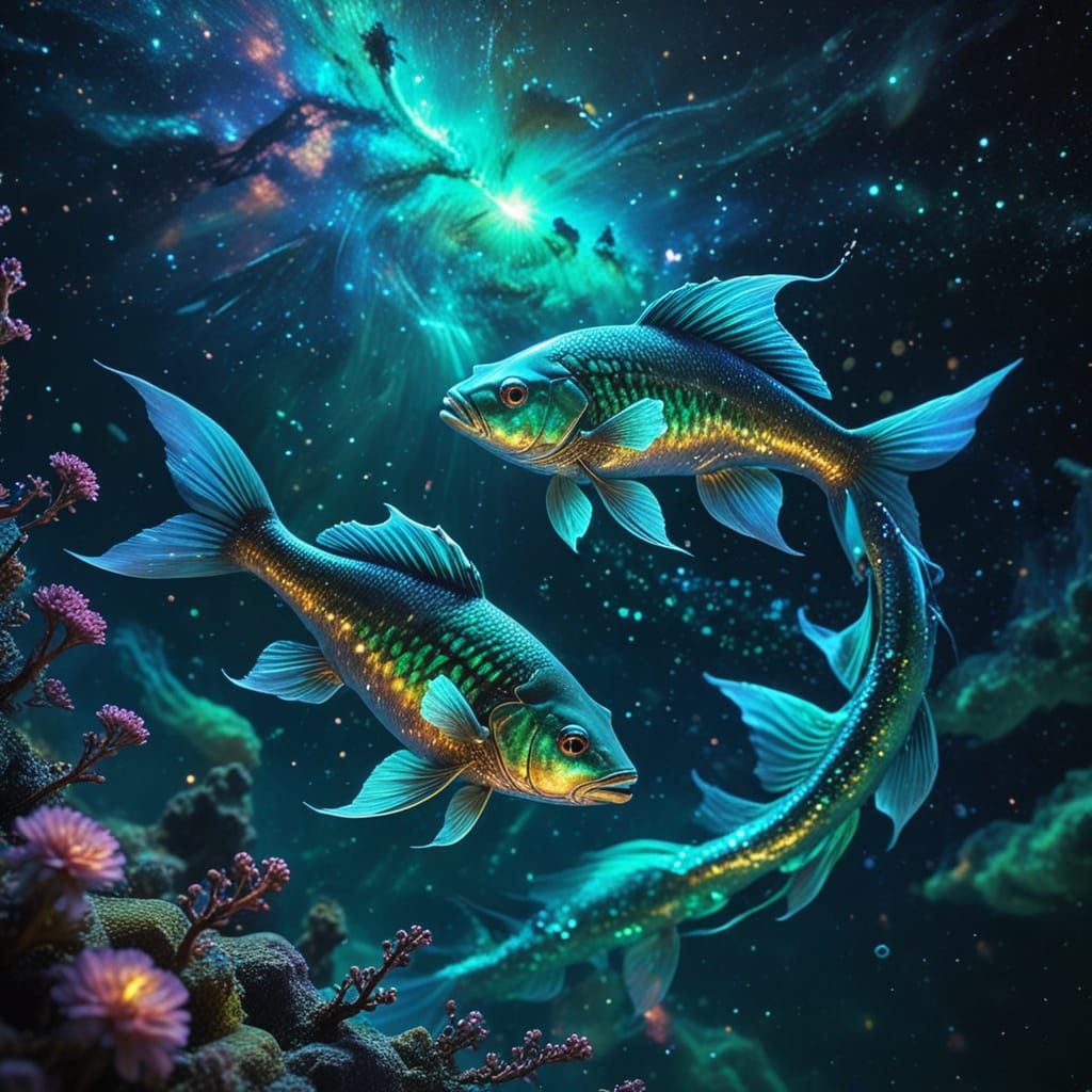 Surreal Cosmic Fish Form the Pisces Symbol in a Vibrant Drea...