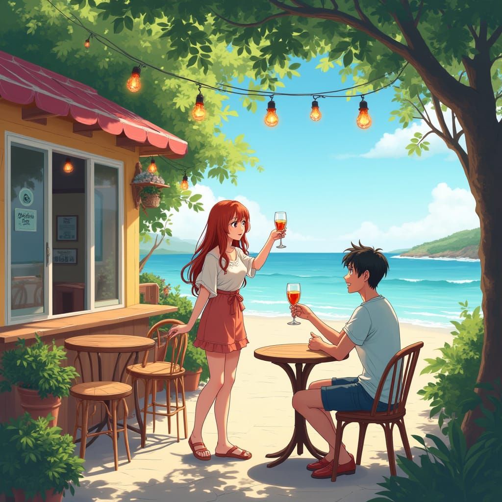 Sunny Seaside Cafe Scene in Anime Style