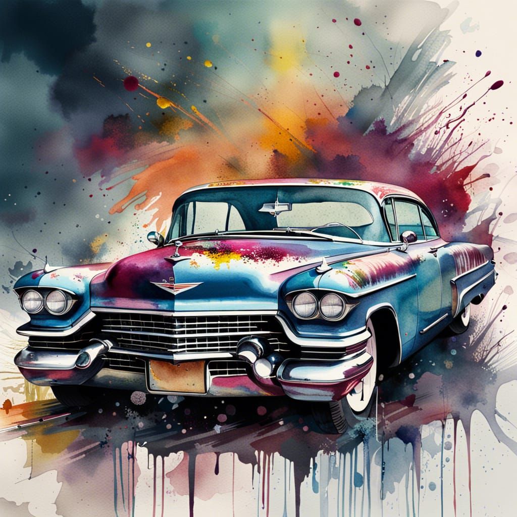 Watercolor Cadillac Coupe with Splatter Art