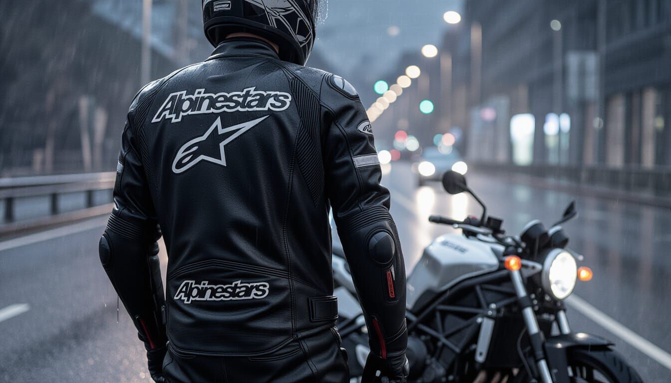 Motorcyclist in Rain Soaked Leather Jacket