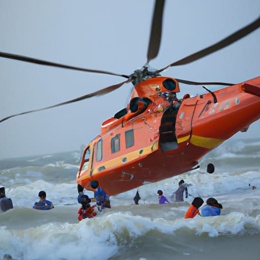 Helicopter Rescuing People from Sinking Ship