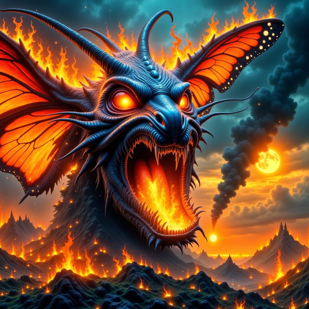 Surreal Xenomorph Butterfly Man in Fiery Illusion