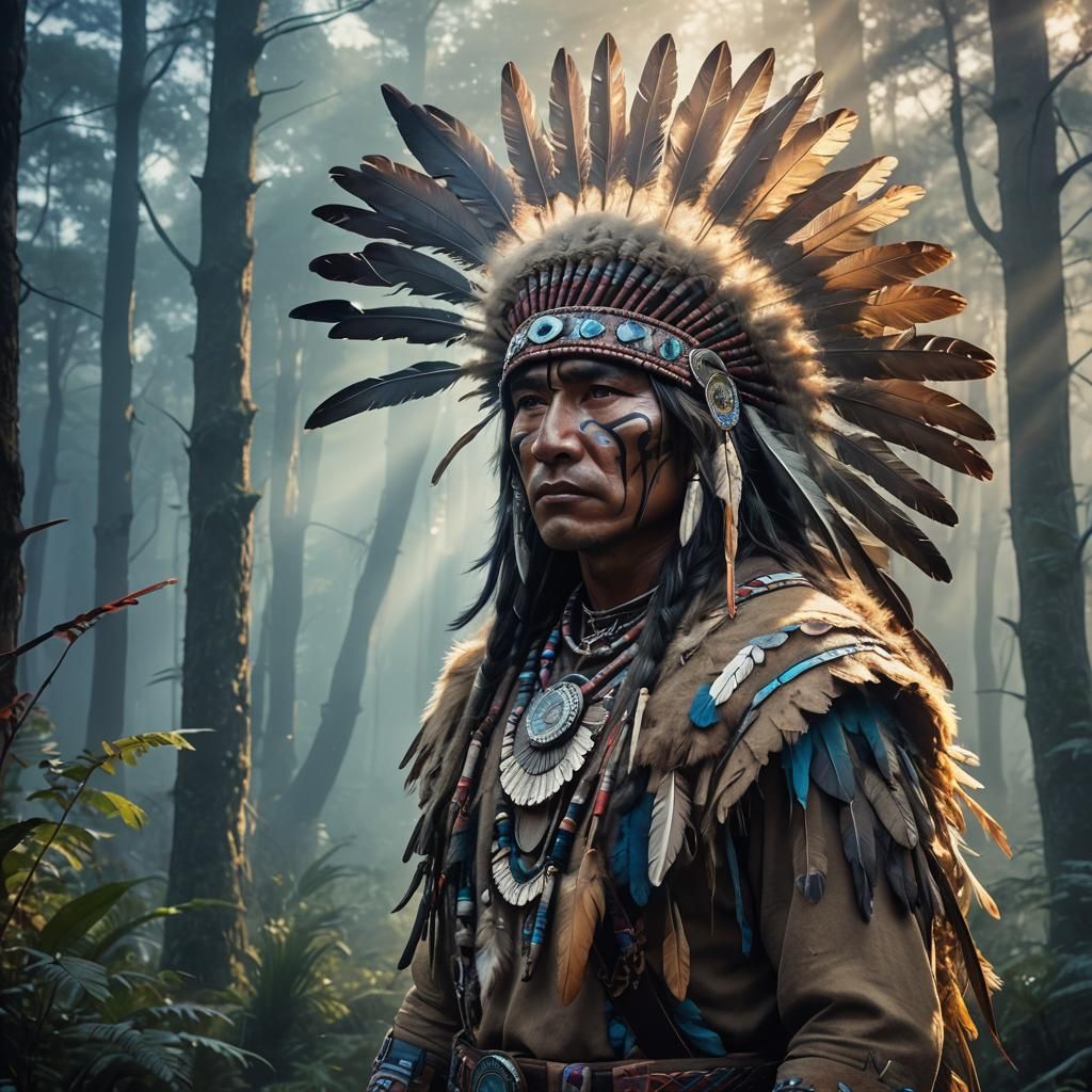 Mystical Native American Warrior in Enchanted Forest