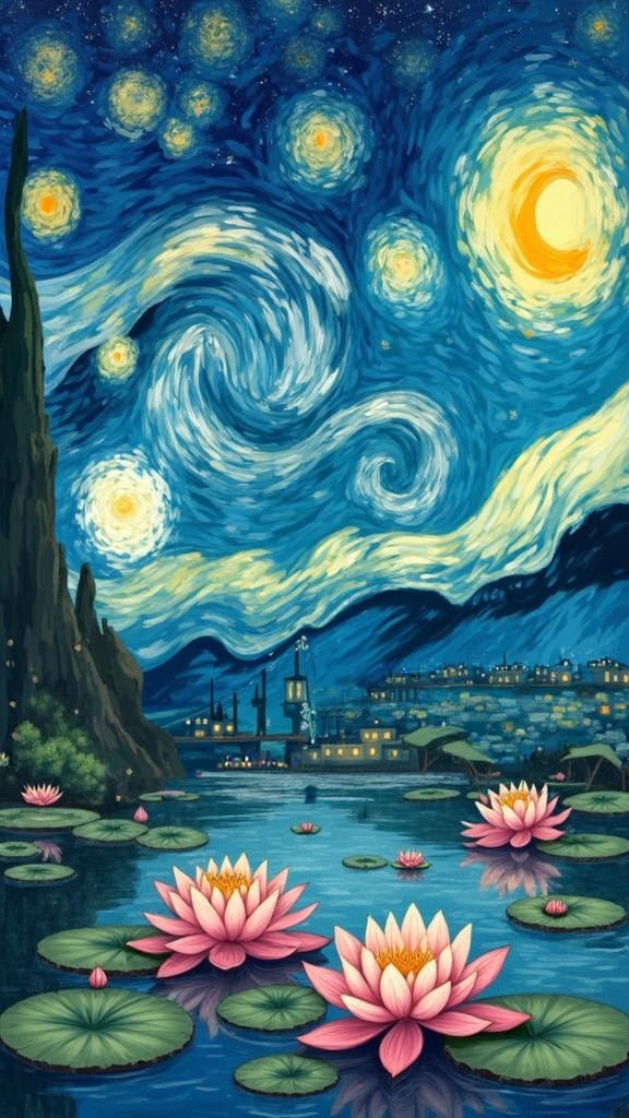Enchanting Starry Night Wallpaper with Lilies