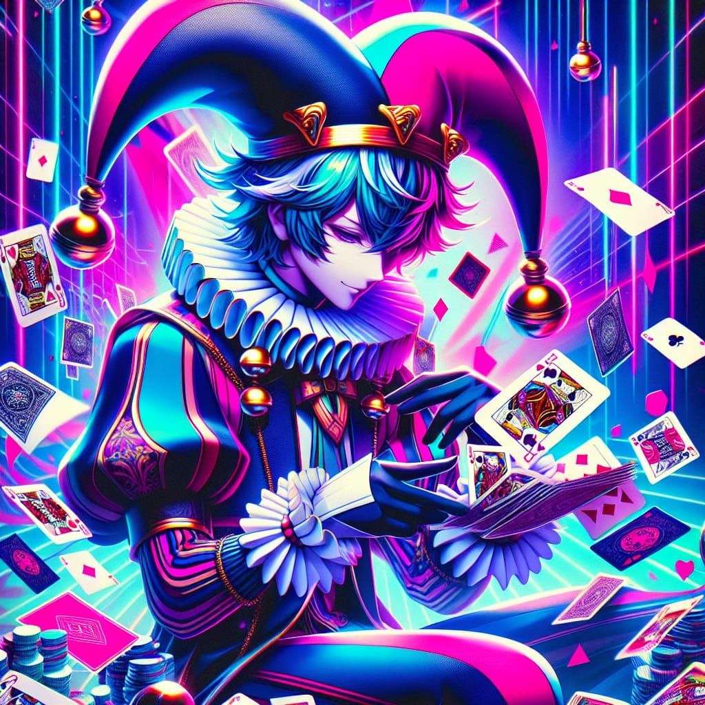 Anime Jester in Synthwave Style with Playing Cards