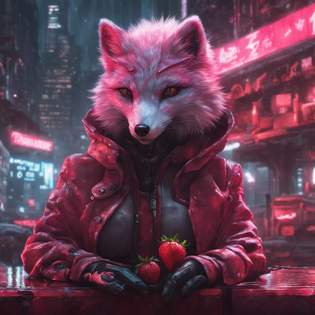 Strawberry Arctic Fox in Cyberpunk City